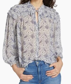 Paige Blue Sheer Margot Paisley Ruffled Long Sleeve Peasant Bohemian Blouse Sz S